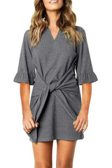 Gray V Neck Ruffled Sleeves Waist Tie Casual Mini Dress - Femstylo