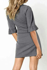 Gray V Neck Ruffled Sleeves Waist Tie Casual Mini Dress - Femstylo
