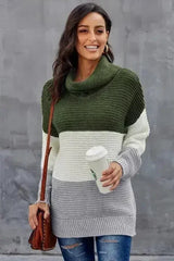 Green Gray Color Block Turtleneck Pullover Sweater - Femstylo