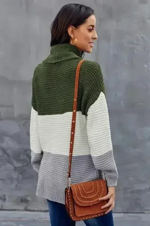 Green Gray Color Block Turtleneck Pullover Sweater - Femstylo
