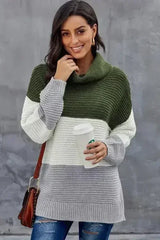 Green Gray Color Block Turtleneck Pullover Sweater - Femstylo