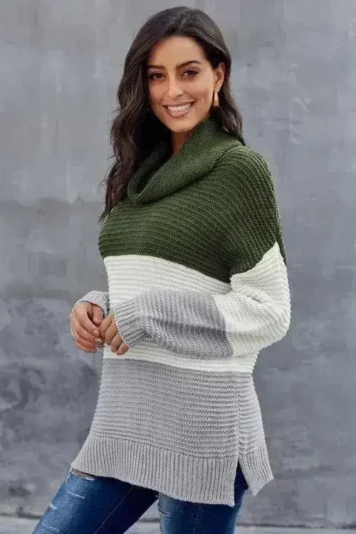 Green Gray Color Block Turtleneck Pullover Sweater - Femstylo