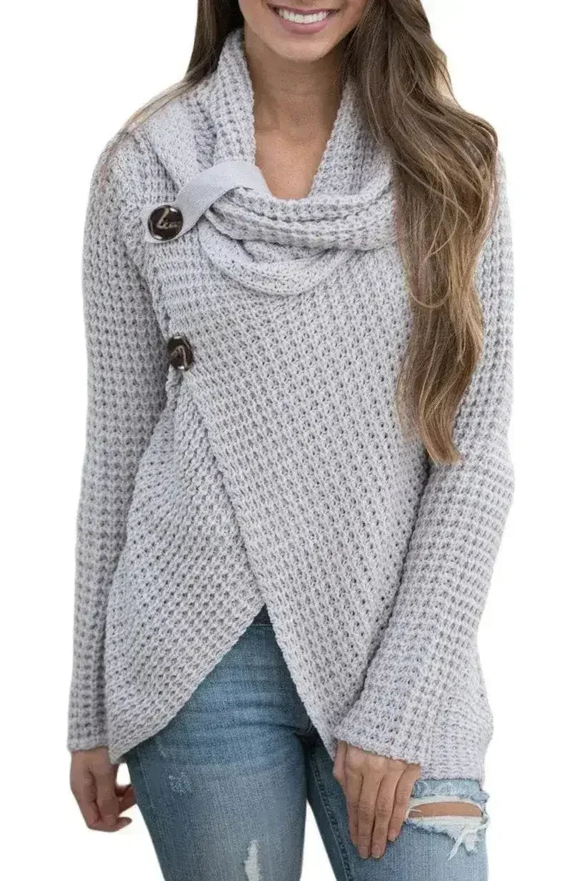 Grey Button Wrap Cowl Neck Sweater - Femstylo