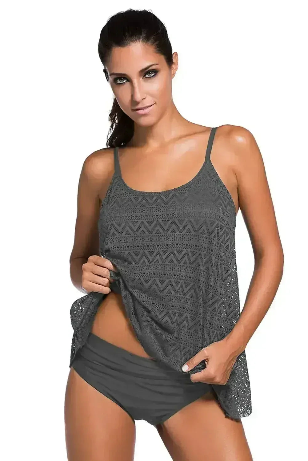 Grey Lace Overlay Spaghetti Straps Tankini Swimsuit - Femstylo