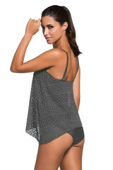 Grey Lace Overlay Spaghetti Straps Tankini Swimsuit - Femstylo