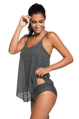 Grey Lace Overlay Spaghetti Straps Tankini Swimsuit - Femstylo
