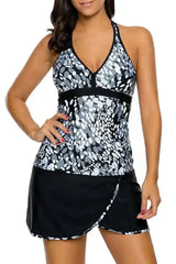 Grey White Spots Halter Tankini Wrapped Skirt Swimsuit - Femstylo