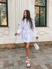 Women's V-Neck Kimono Cardigan Mini Dress Cotton Linen Long Sleeve Sashes Dresses Robe Style Lace Up Summer Loose Vestidos