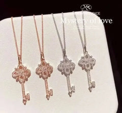 925 Sterling Silver Pave Crystal Vintage Key Pendant 14k Gold Plating Necklace Women Light Luxury Temperament Dress Jewelry