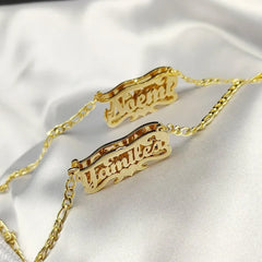 Custom Name Necklace - 3D Engraved Stainless Steel - Heart Figaro Chain