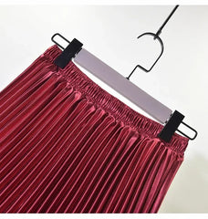 Classic Golden Velvet Pleated Skirt High Waist Retro Style Fashion Office Lady Pleated Long Skirt Winter Velvet Skirt 90cm Long
