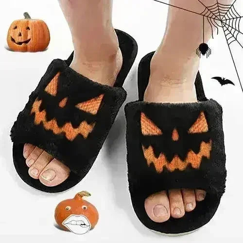 Halloween Pumpkin Fuzzy Slippers Soft Plush Cozy Open Toe Women Slides - Femstylo