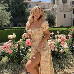 Summer Women Puff Sleeve Floral Printed Dress,Long Dresses,Woman Clothing,Dress Women,Women's Elegant Dresses,Sexy Costume Women