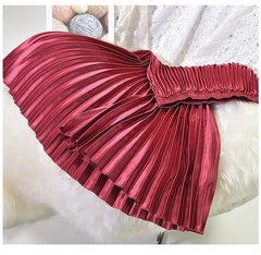 Classic Golden Velvet Pleated Skirt High Waist Retro Style Fashion Office Lady Pleated Long Skirt Winter Velvet Skirt 90cm Long