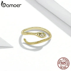 BAMOER 925 Sterling Silver Platinum Plated Adjustable Ring, Green Zircon Retro Textures Snake Ring Fashion Jewelry 4 Colors
