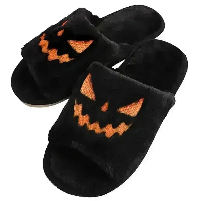 Halloween Pumpkin Fuzzy Slippers Soft Plush Cozy Open Toe Women Slides - Femstylo