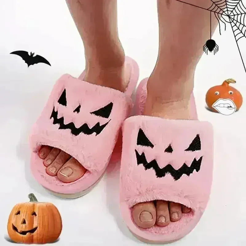 Halloween Pumpkin Fuzzy Slippers Soft Plush Cozy Open Toe Women Slides - Femstylo