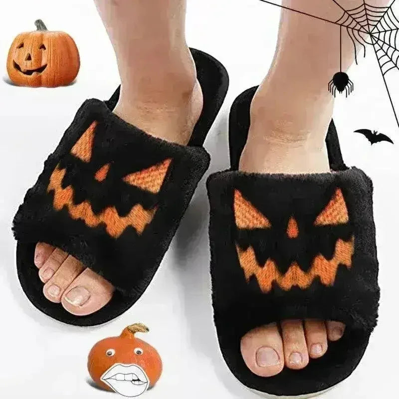 Halloween Pumpkin Fuzzy Slippers Soft Plush Cozy Open Toe Women Slides - Femstylo
