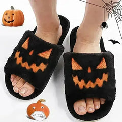 Halloween Pumpkin Fuzzy Slippers Soft Plush Cozy Open Toe Women Slides - Femstylo