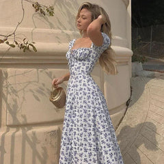 Summer Women Puff Sleeve Floral Printed Dress,Long Dresses,Woman Clothing,Dress Women,Women's Elegant Dresses,Sexy Costume Women