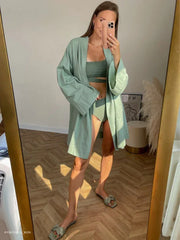 Women's V-Neck Kimono Cardigan Mini Dress Cotton Linen Long Sleeve Sashes Dresses Robe Style Lace Up Summer Loose Vestidos