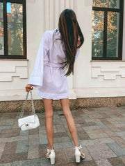 Women's V-Neck Kimono Cardigan Mini Dress Cotton Linen Long Sleeve Sashes Dresses Robe Style Lace Up Summer Loose Vestidos