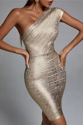 High Quality Celebrity One Shoulder Foiling Gold Print Rayon Bandage Dress Elegant Club Party Dress Vestidos