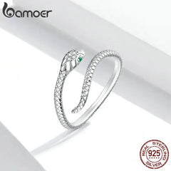 BAMOER 925 Sterling Silver Platinum Plated Adjustable Ring, Green Zircon Retro Textures Snake Ring Fashion Jewelry 4 Colors