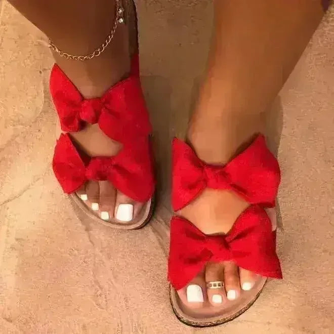 Women Slides 2 Straps Comfy Bow Slide Sandals Red - Femstylo