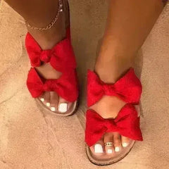 Women Slides 2 Straps Comfy Bow Slide Sandals Red - Femstylo