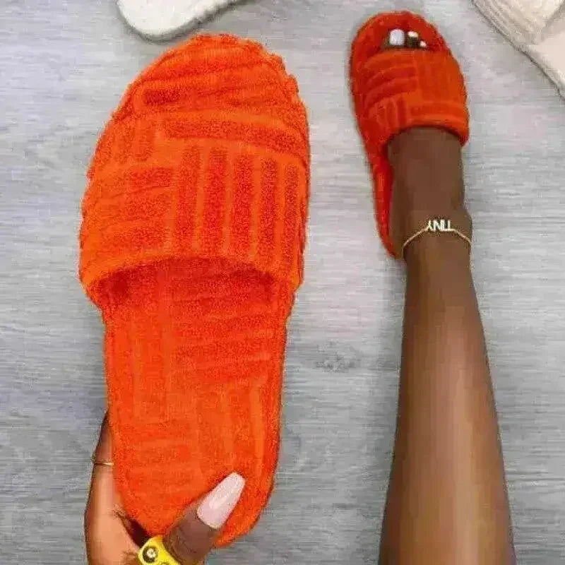Flat Furry Women Slides Thick Sole Open Toe Slippers Orange - Femstylo