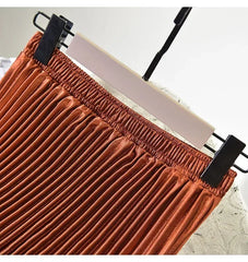 Classic Golden Velvet Pleated Skirt High Waist Retro Style Fashion Office Lady Pleated Long Skirt Winter Velvet Skirt 90cm Long