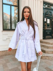 Women's V-Neck Kimono Cardigan Mini Dress Cotton Linen Long Sleeve Sashes Dresses Robe Style Lace Up Summer Loose Vestidos