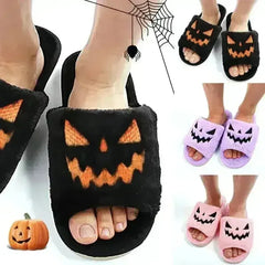 Halloween Pumpkin Fuzzy Slippers Soft Plush Cozy Open Toe Women Slides - Femstylo