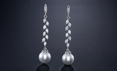 ZAKOL Fashion Round Imitation Pearls Drop Earrings for Women Shinny Zirconia Crystal Leaf Long Bridal Earring Wedding Jewelry