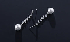 ZAKOL Fashion Round Imitation Pearls Drop Earrings for Women Shinny Zirconia Crystal Leaf Long Bridal Earring Wedding Jewelry