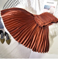 Classic Golden Velvet Pleated Skirt High Waist Retro Style Fashion Office Lady Pleated Long Skirt Winter Velvet Skirt 90cm Long