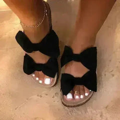 Women Slides 2 Straps Comfy Bow Slide Sandals Black - Femstylo