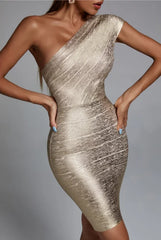 High Quality Celebrity One Shoulder Foiling Gold Print Rayon Bandage Dress Elegant Club Party Dress Vestidos