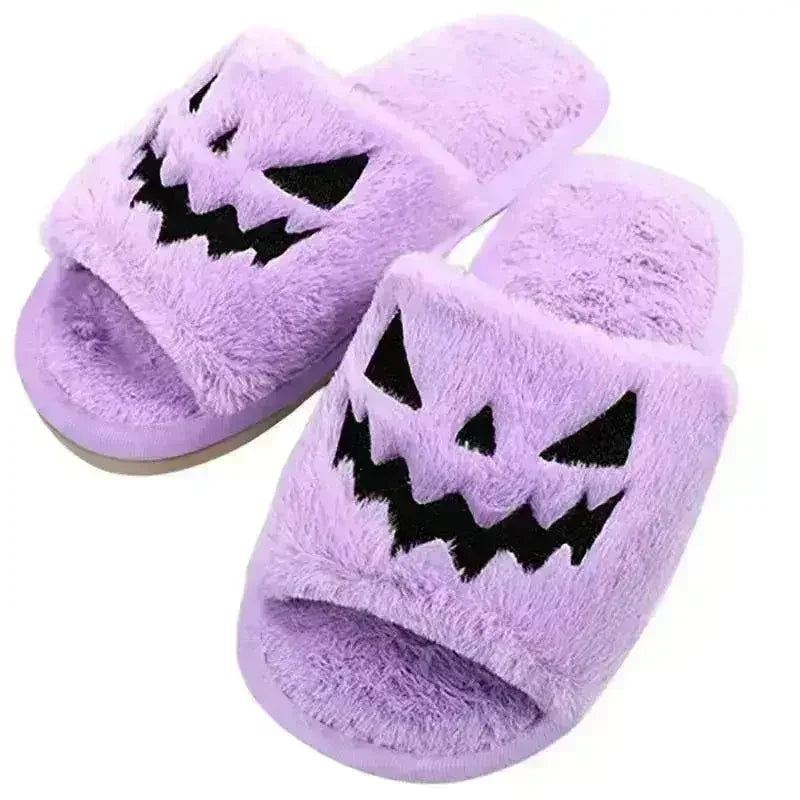 Halloween Pumpkin Fuzzy Slippers Soft Plush Cozy Open Toe Women Slides - Femstylo