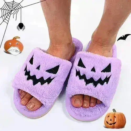 Halloween Pumpkin Fuzzy Slippers Soft Plush Cozy Open Toe Women Slides - Femstylo