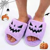 Halloween Pumpkin Fuzzy Slippers Soft Plush Cozy Open Toe Women Slides - Femstylo