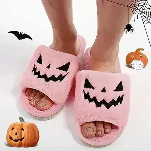 Halloween Pumpkin Fuzzy Slippers Soft Plush Cozy Open Toe Women Slides - Femstylo