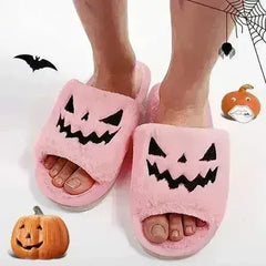 Halloween Pumpkin Fuzzy Slippers Soft Plush Cozy Open Toe Women Slides - Femstylo