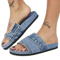 Denim Women's Cool Round Head Flat Slides Blue/Black - Femstylo