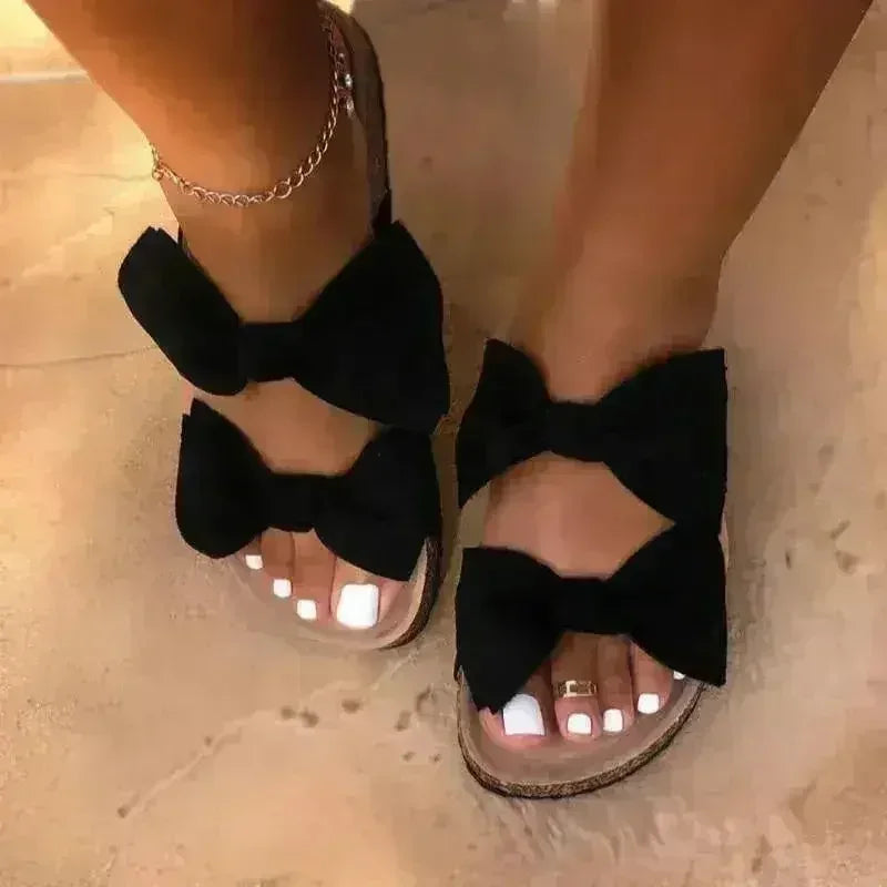 Women Slides 2 Straps Comfy Bow Slide Sandals Black - Femstylo