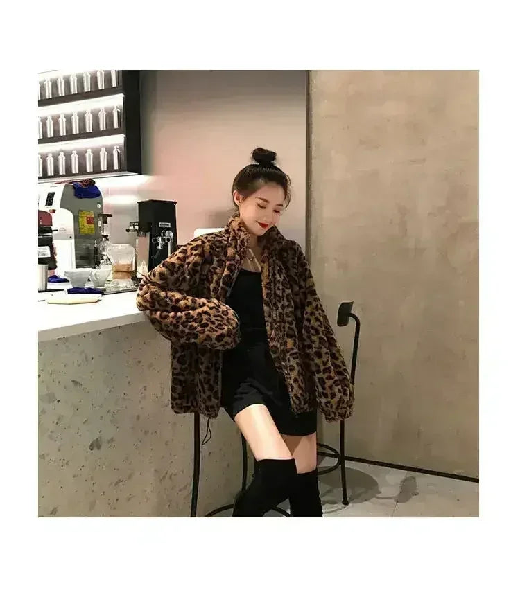 Winter Leopard Print Jacket Women's Stand collar Warm Parkas Outwear - Femstylo