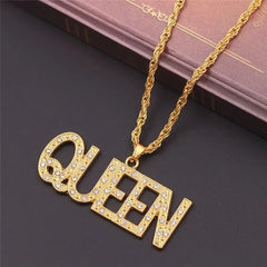 Men Hip Hop Full Rhinestone King Queen Pendants Necklaces Bling Bling Iced Out Cuban Link Chain Hiphop Necklace Men Jewelry Gift