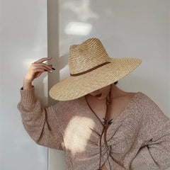 New 2024 Belt Strap Straw Sun Hat For Women Fashion Vacation Beach UV Hats Summer Wide Brim Travel Panama Hats Outdoor Wholesale