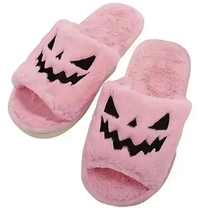 Halloween Pumpkin Fuzzy Slippers Soft Plush Cozy Open Toe Women Slides - Femstylo